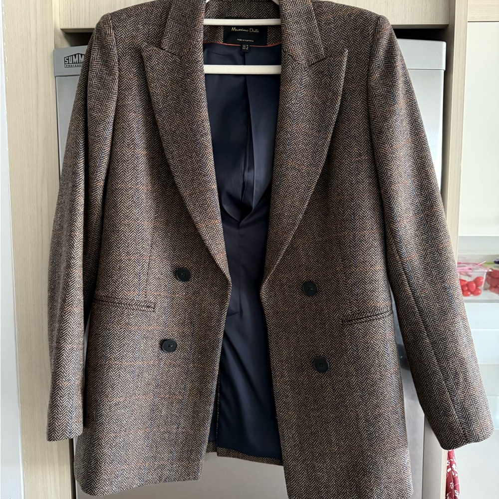 Massimo Dutti Brown Herringbone Double-Breasted Blazer